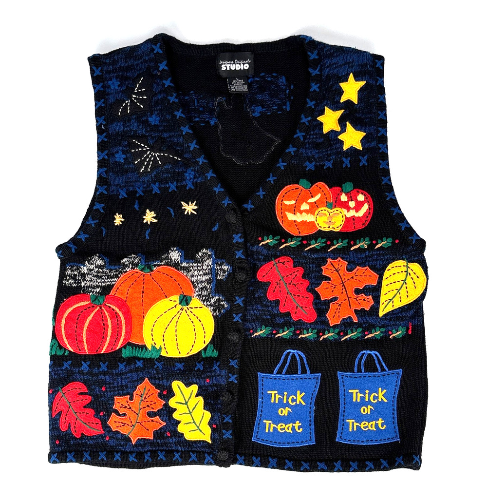 VTG Halloween Knit Sweater Vest Jack-O-Lanterns Trick or Treat Black ADULT LARGE